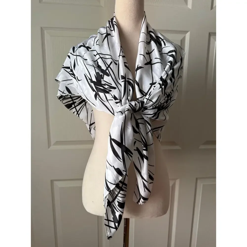 Leaf Print Oversized‎ Lightweight Silky Scarf Wrap Black White Minimalist Artsy